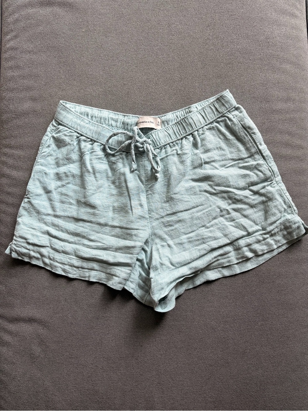 Abercrombie & Fitch Light Blue Drawstring High-Waist Linen-Blend Shorts